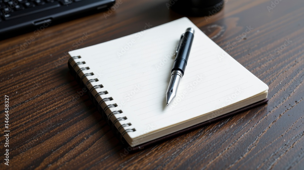 Elegant Fountain Pen Resting on Blank Spiral Notebook with Laptop in Background for Creative Work and Inspiration Elegant Fountain Pen Resting on Blank Spiral Notebook with Laptop in Background for Creative Work and Inspiration