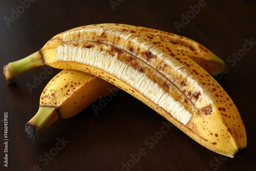 Two overripe bananas with dark spots and one partly sliced lie on dark surface