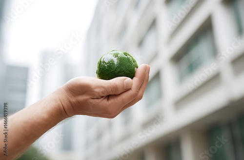 Hand holding small green Earth globe symbolizes environmental responsibility sustainable development global issues eco friendly urban environment