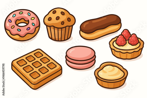 Cute cartoon icons of bakery desserts Vector
