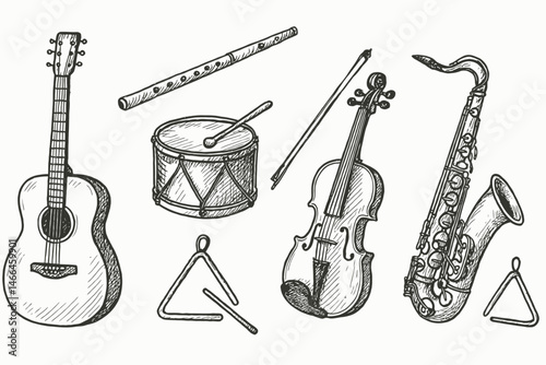 Hand drawn sketch of musical instruments Vector