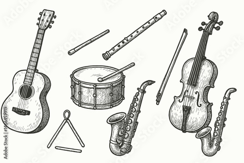 Hand drawn musical instruments sketch set Vector