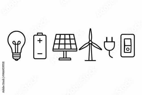Clean line energy icons including solar and wind Vector