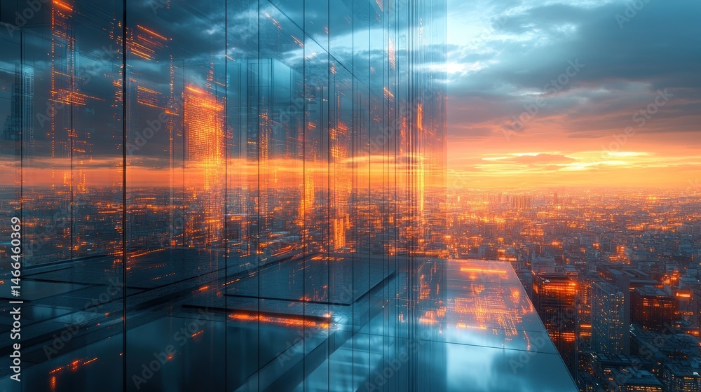 Fototapeta premium Modern cityscape reflected in a glass skyscraper at sunset