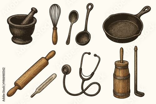 Vintage hand-drawn kitchen and medical tools set Vector