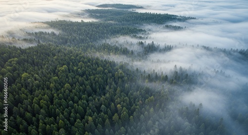 Aerial View of Foggy Forest at Sunrise