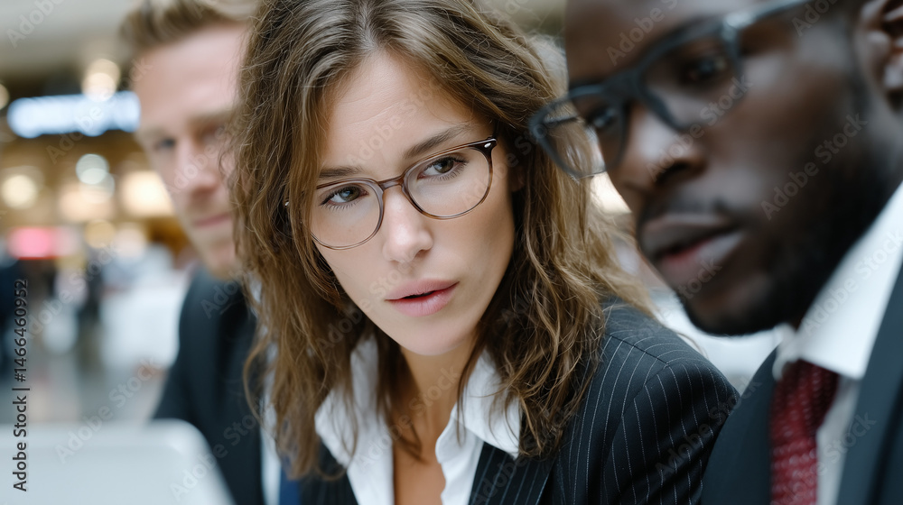 Fototapeta premium Professional Team Collaborating on a Business Project with Laptops in a Modern Workspace Setting