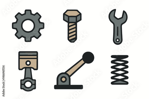 Color icons of mechanical parts and tools Vector