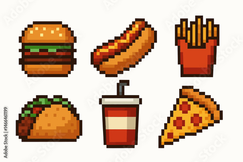 Pixel art fast food icons collection Vector