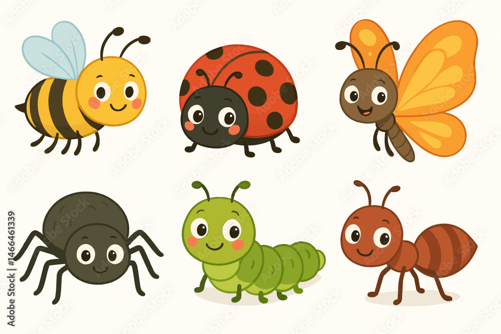 Naklejka premium Cute cartoon insects with smiling faces Vector