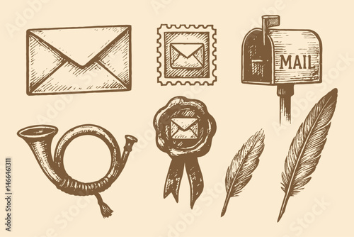 Vintage mail and writing icons in sketch style Vector