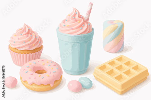 Cute pastel desserts with donut, milkshake and cupcake Vector