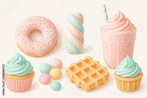 Pastel sweet treats including donut, cupcakes and milkshake Vector