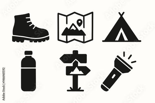 Essential camping and hiking icons in black Vector