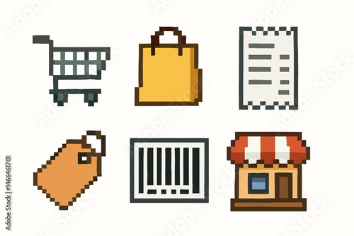Retro pixel shopping and retail icons set Vector