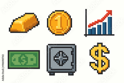 Pixel art finance and money icon set Vector