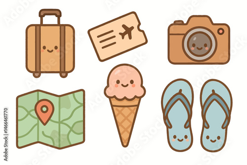 Cute summer vacation travel icons set Vector