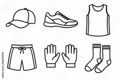 Simple black line icons of sportswear essentials Vector