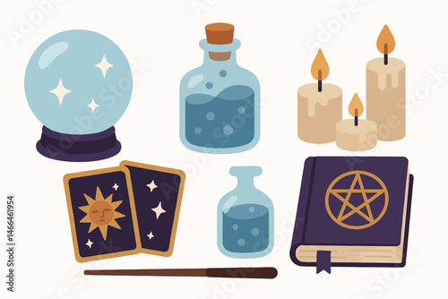 Witchcraft icons set with potions and tarot Vector