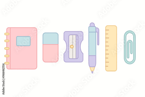 Pastel school stationery supplies flat icons Vector
