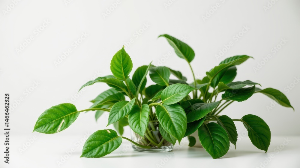 Obraz premium Lush Green Plant in Glass Container with Vibrant Leaves Against a Minimalistic Background