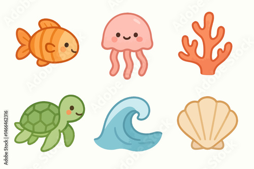 Cute sea life icons with ocean animals and elements Vector