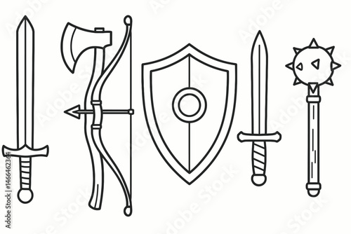 Outline icons of medieval weapons and armor Vector