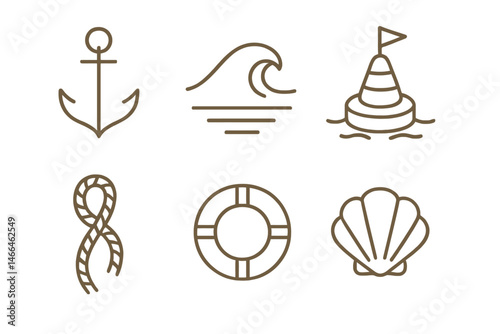 Marine outline icons on brushed gold background Vector