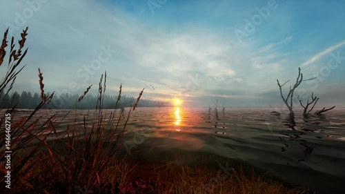 Shore Of A Misty Lake At Sunrise In Summer