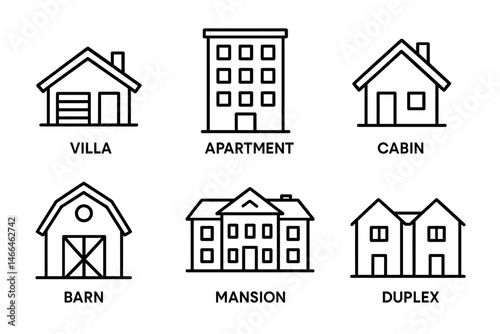 Black and white real estate building type icons Vector