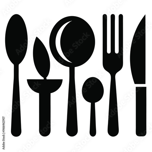 Black cutlery silhouettes of spoon, candle, ladle, fork, and knife offer a striking graphic