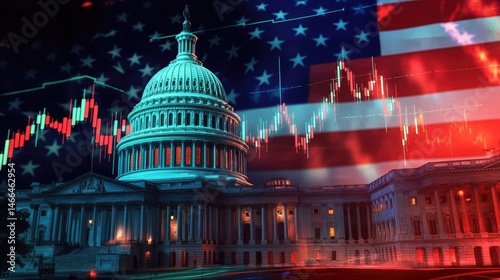 US Capitol building with stock market candlesticks & American flag backdrop
