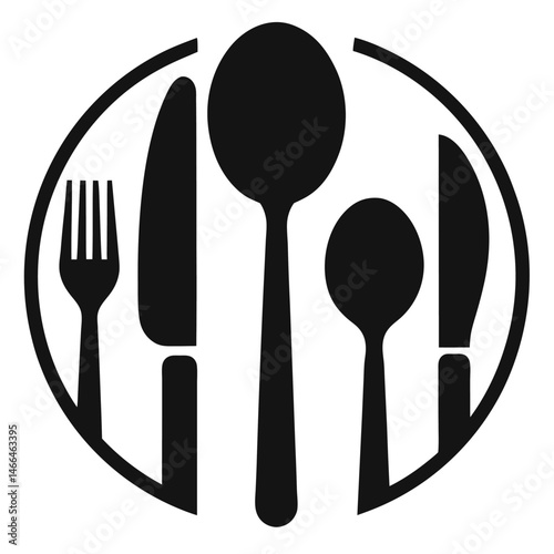 Fork, knives, and spoons compose a culinary arrangement inside oval line art