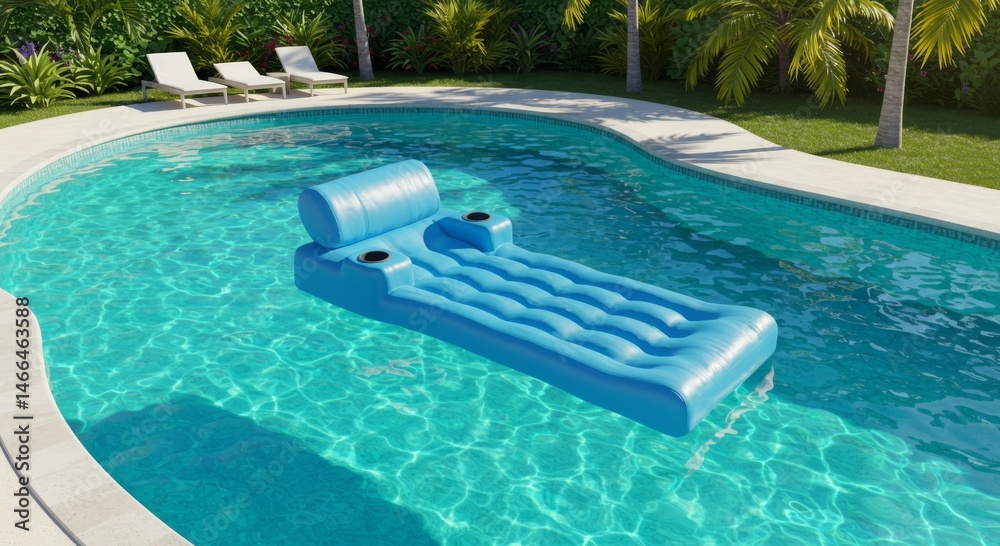 Fototapeta premium Blue Inflatable Pool Float with Cup Holders in a Sunny Backyard