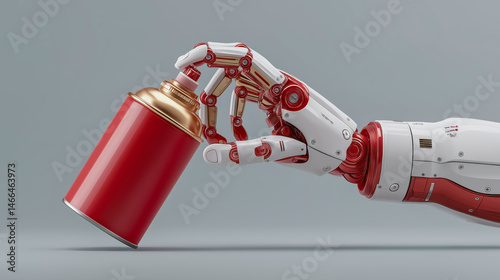 A robotic arm equipped with a spray gun, spraying paint on a wall. The scene highlights advanced robotic precision in industrial applications, focusing on the detail of the spraying process. 