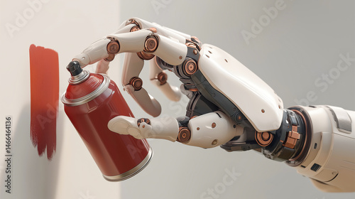 A robotic arm equipped with a spray gun, spraying paint on a wall. The scene highlights advanced robotic precision in industrial applications, focusing on the detail of the spraying process. 