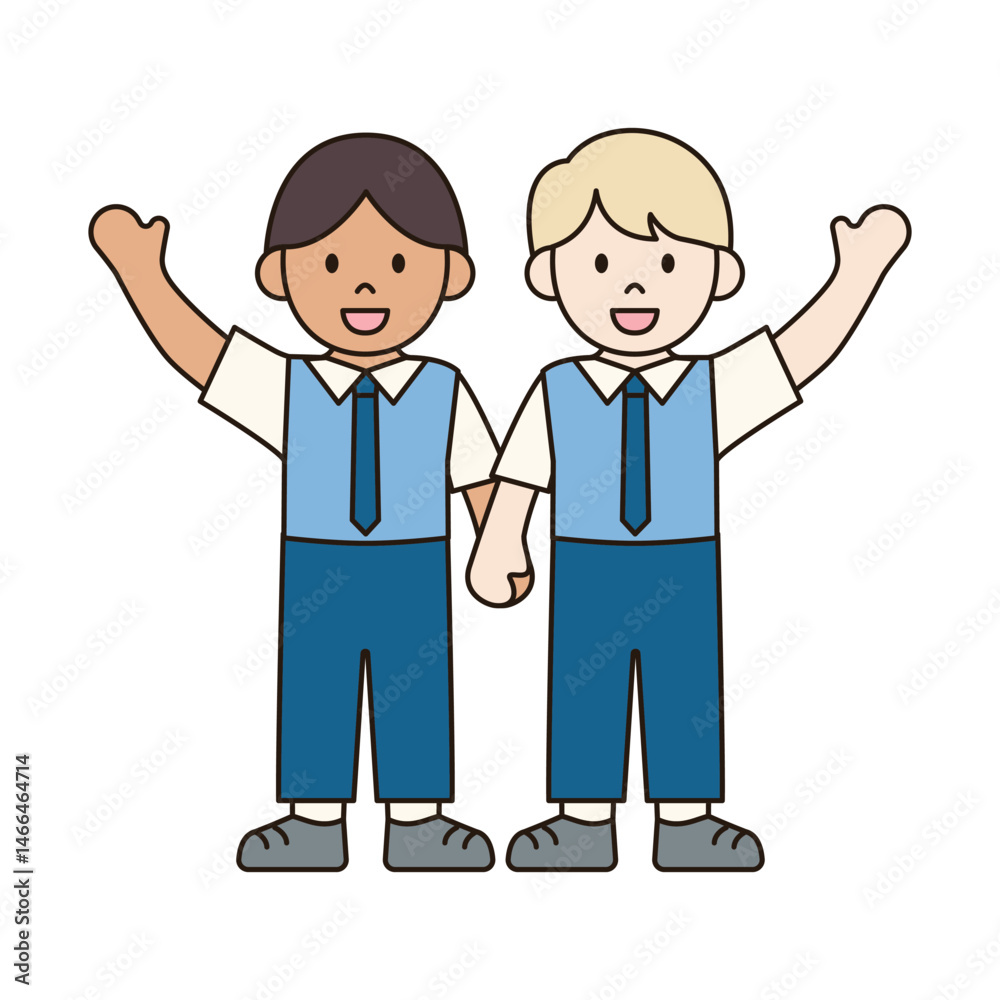 BOY STUDENTS HOLDING HANDS UP children illustration simple outline drawing character doodle diverse race and ethnicity people cute kawaii style BOY STUDENTS HOLDING HANDS UP children illustration simple outline drawing character doodle diverse race and ethnicity people cute kawaii style