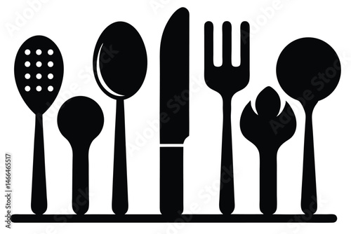 Simple black silhouettes represent common kitchen utensils aligned on a single horizontal plane