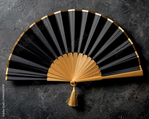 An elegant black fan decorated with golden elements stands out spectacularly in the photo taken from above, thanks to the background of a textured dark surface.