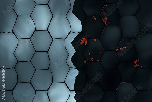 A visually striking abstract image featuring a sharp contrast between a light gray hexagonal grid and a dark, textured counterpart with scattered orange flecks.