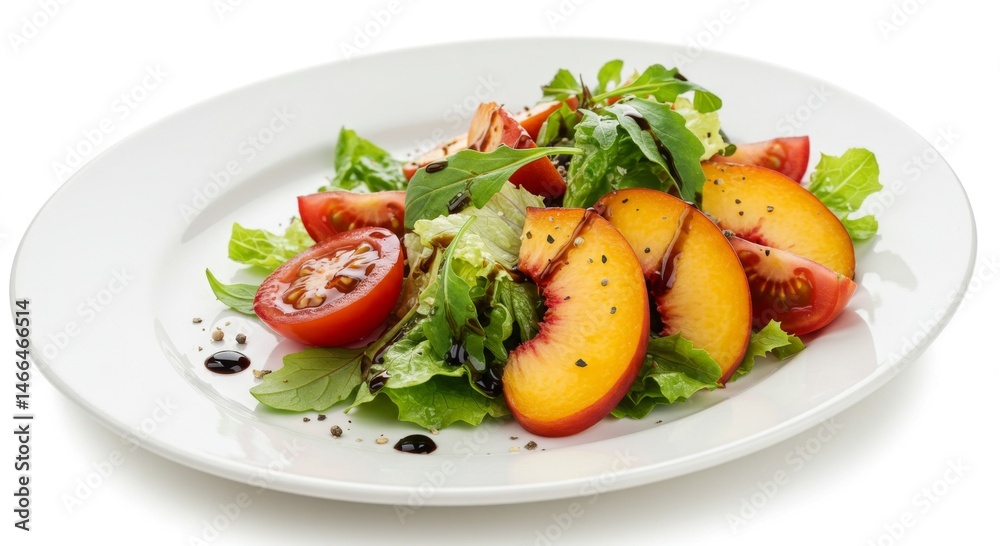 Fresh Peach and Tomato Salad with Lettuce on White Plate Fresh Peach and Tomato Salad with Lettuce on White Plate
