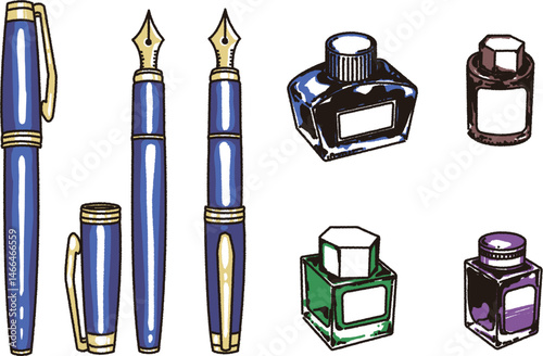 万年筆とボトルインクのイラストセット