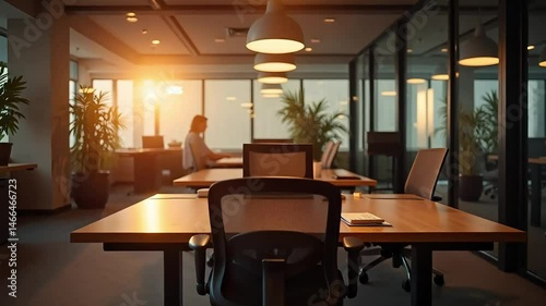 Warm Sunset Light Illuminates Modern Office Workspace Table