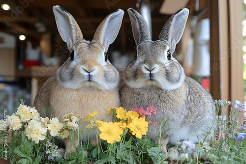 Adorable Rabbits Among Vibrant Spring Flowers for Easter Celebration Design