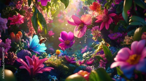 Fototapeta Naklejka Na Ścianę i Meble -  Delicate summer flowers in a surreal fairy garden with one bee gathering pollen among vibrant colors