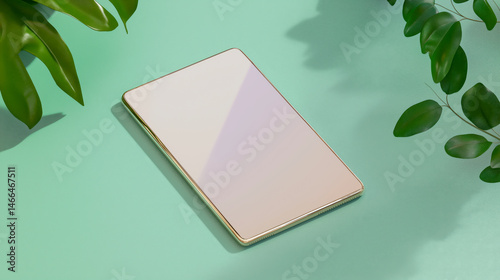 A vertical tablet mockup placed on a minimalist white surface next to a vase with pink dried flowers. The soft shadows of the objects create a calming and clean atmosphere. Concept of modern technolog