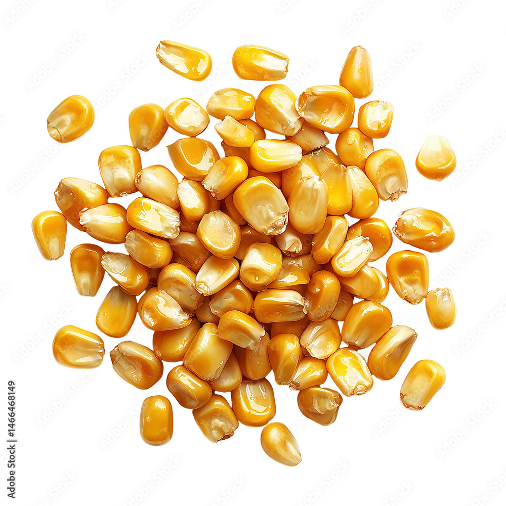 Fototapeta premium Dry yellow corn kernels maize seeds agriculture grain food ingredient isolated on transparent background png
