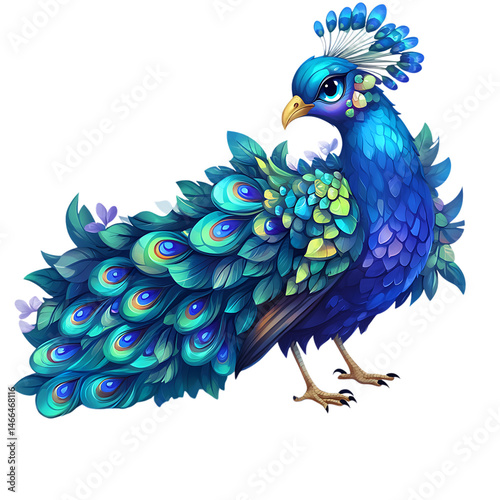 A Cartoon Peacock Admiring Its Reflection Iridescent Isolated on Transparent Background