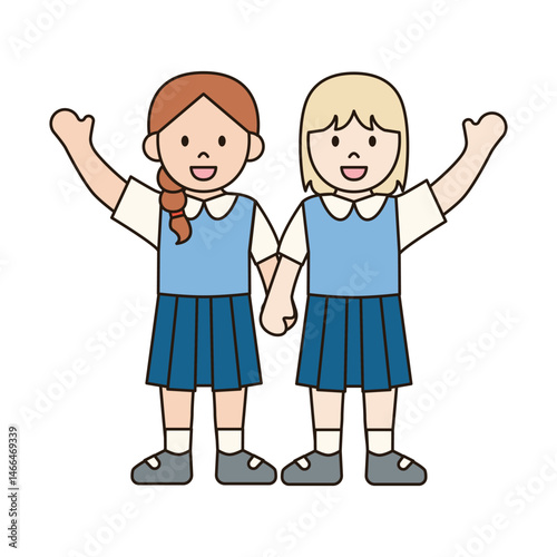 GIRL STUDENTS HOLDING HANDS UP children illustration simple outline drawing character doodle diverse race and ethnicity people cute kawaii style