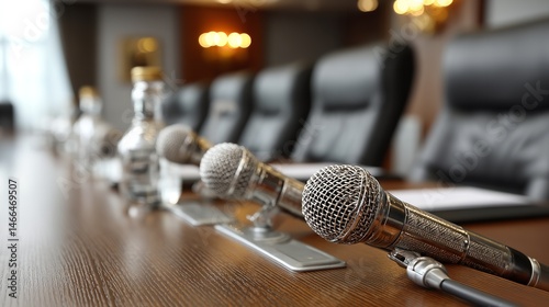 Microphones on a Conference Table with Chairs and Panel Setup, Business Meeting Room Interior with Space for Text